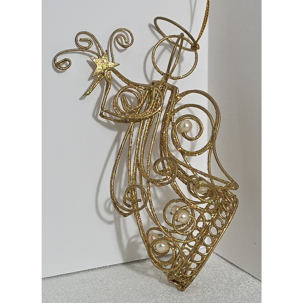 Vintage Gold Glitter Metal Wire Angel W/ Pearl Beads 5" Christmas Tree Ornament